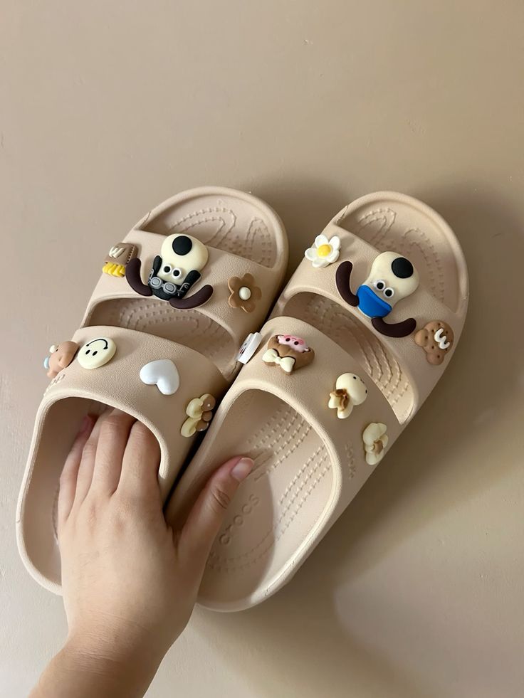 Beige Cartoon Charm Slides for Women β Double Strap EVA Sandals