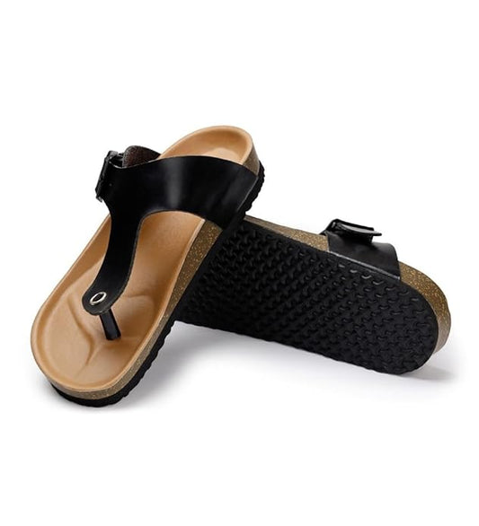 Unisex Cork Adjustable Buckle Straps Cork Sandals (Black, 6)