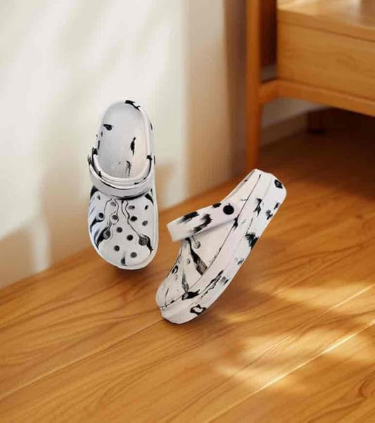 Croc Unisex Classic Clogs, Marble Pattern Design, Black and White, Ventilated Comfort, Water-Resistant
