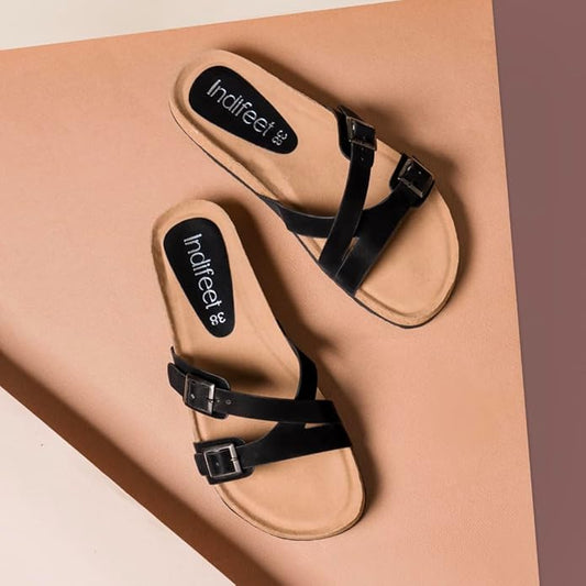 Indifeet Cork Sandal for Women Stylish Buckle Sandals Footwear Ladies Light Slippers Flats Womens Double Strap Casual Corks Flat Womens Adjustable Slides Girls Daily Use Water Resistance Chappal