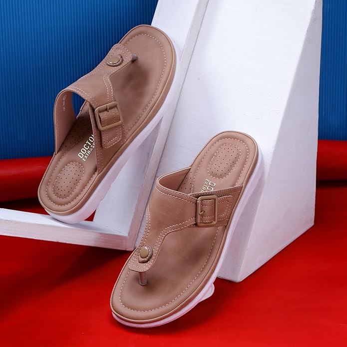 DOCTOR EXTRA SOFT Womens Flat Memory Foam Slippers/Flip-Flops Fashion Stylish Casual Comfortable Diabetic Orthopedic Lightweight Synthetic Slip-on Sandals with Adjustable Buckle for Girls & Ladies D-630