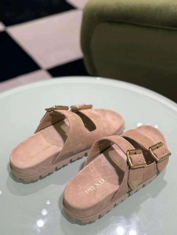 Pink Suede Double Strap Slides – Premium Look with Lug Sole & Golden Details
