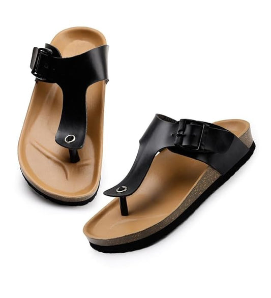 Unisex Cork Adjustable Buckle Straps Cork Sandals (Black, 6)