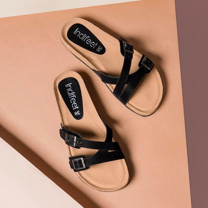 Indifeet Cork Sandal for Women Stylish Buckle Sandals Footwear Ladies Light Slippers Flats Womens Double Strap Casual Corks Flat Womens Adjustable Slides Girls Daily Use Water Resistance Chappal