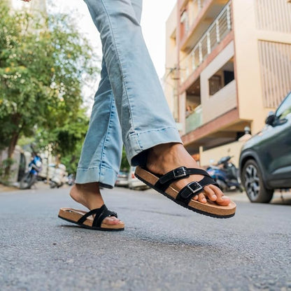 Indifeet Cork Sandal for Women Stylish Buckle Sandals Footwear Ladies Light Slippers Flats Womens Double Strap Casual Corks Flat Womens Adjustable Slides Girls Daily Use Water Resistance Chappal