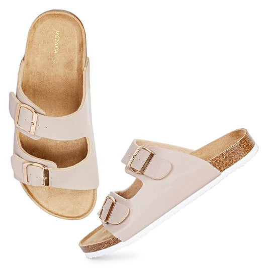 MOZAFIA WOMEN AIRY EVA SOLE SANDALS | SUEDE FOOTBED LINING |TWO STRAPS ADJUSTABLE METAL PIN BUCKLE (CHAMPAGNE)