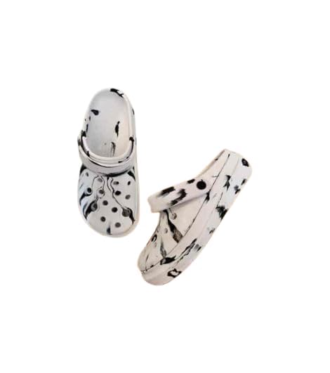 Croc Unisex Classic Clogs, Marble Pattern Design, Black and White, Ventilated Comfort, Water-Resistant