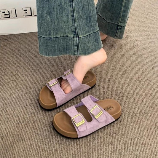 Lavender Suede Double Buckle Slides – Birkenstock Style Sandals for Women